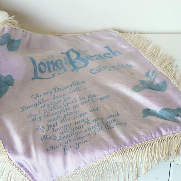 Vintage 1940s Pillowcase, Long Beach CA Souvenir Purple Satin with Fringe, Cover - Picture 1 of 10